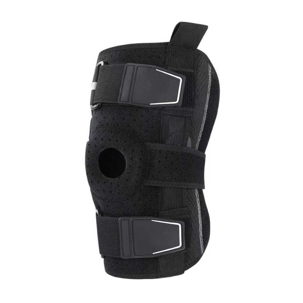 Hinged knee brace with adjustable side support for knee stability