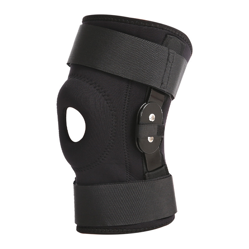 Hinged knee brace product with adjustable straps and side hinges