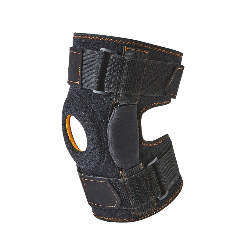 Open patella hinged knee brace with adjustable support straps