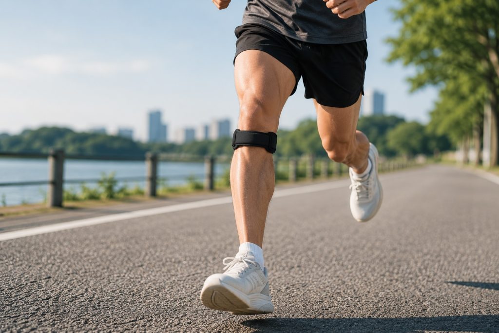 Runner wearing patella knee strap for tendon support during sports